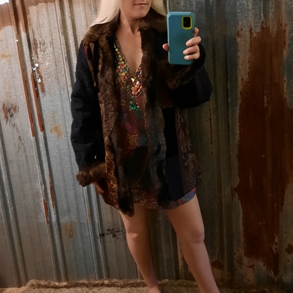 VINTAGE Faux Fur Unique Colorful Quilted Winter Coat - Picture 9 of 13